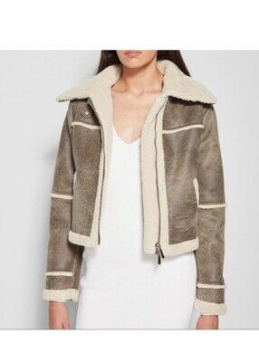 Classic Shearling Trim Moto Jacket - Taupe